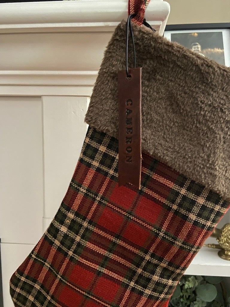 Small Leather Custom Name Stocking Tag for Christmas